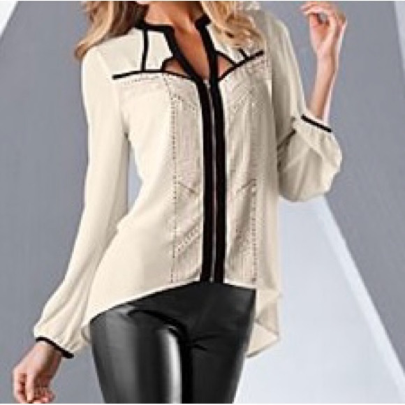 DO&BE Studded Black/Cream Zip-Front Blouse SZ L - Picture 4 of 8